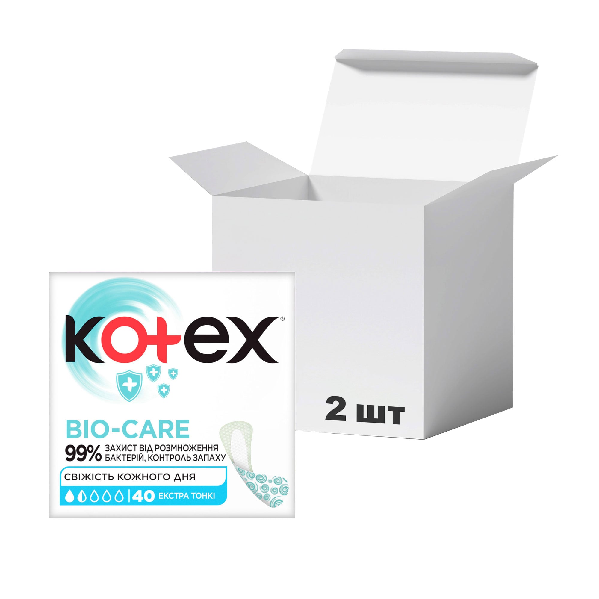 Упаковка щоденних гігієнічних прокладок Kotex Bio-Care Liners Extra Thin Екстра тонкі, 40 шт * 2 шт